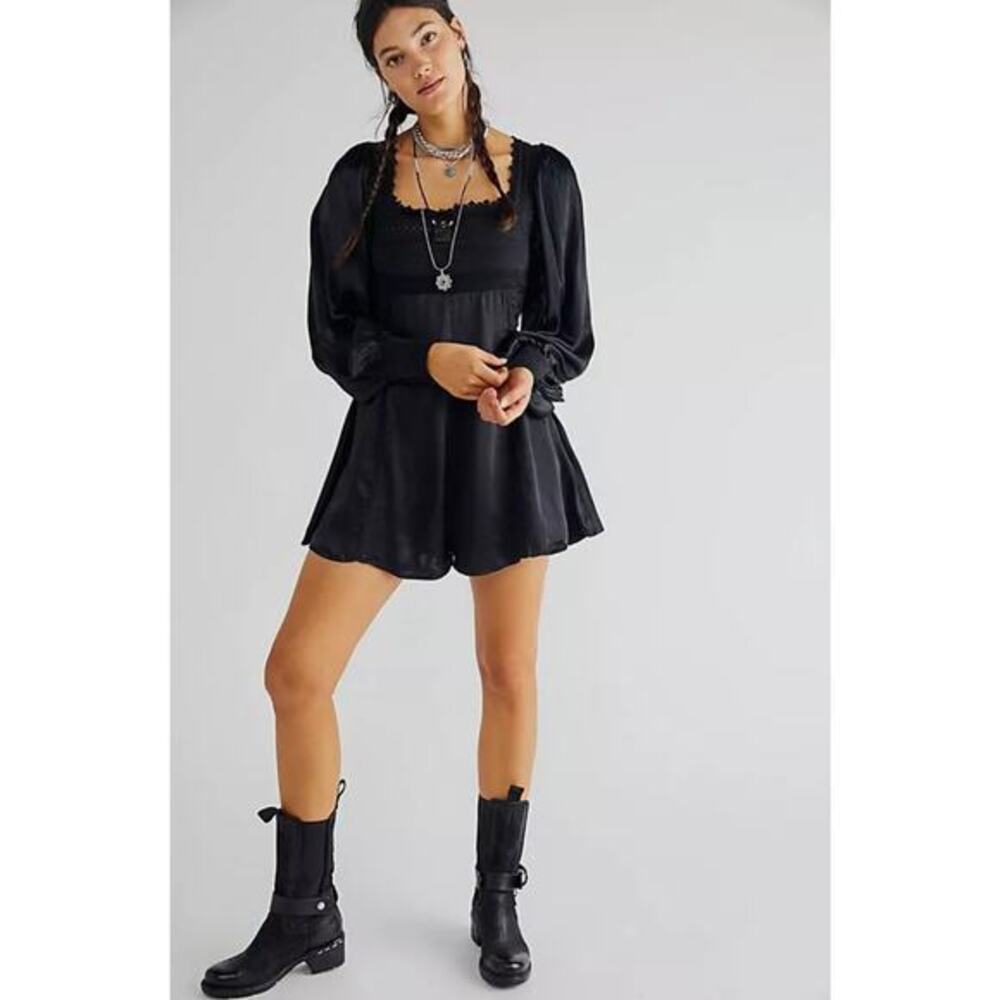 free people‎ black satin smocked long sleeve romper